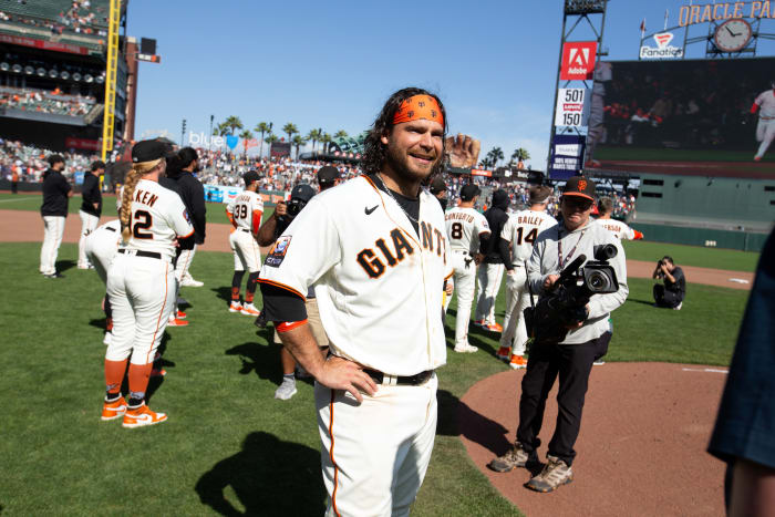 SF Giants shortstop Brandon Crawford takes in the scene following the final game of the season, a loss to the Dodgers, at Oracle Park. (2023)